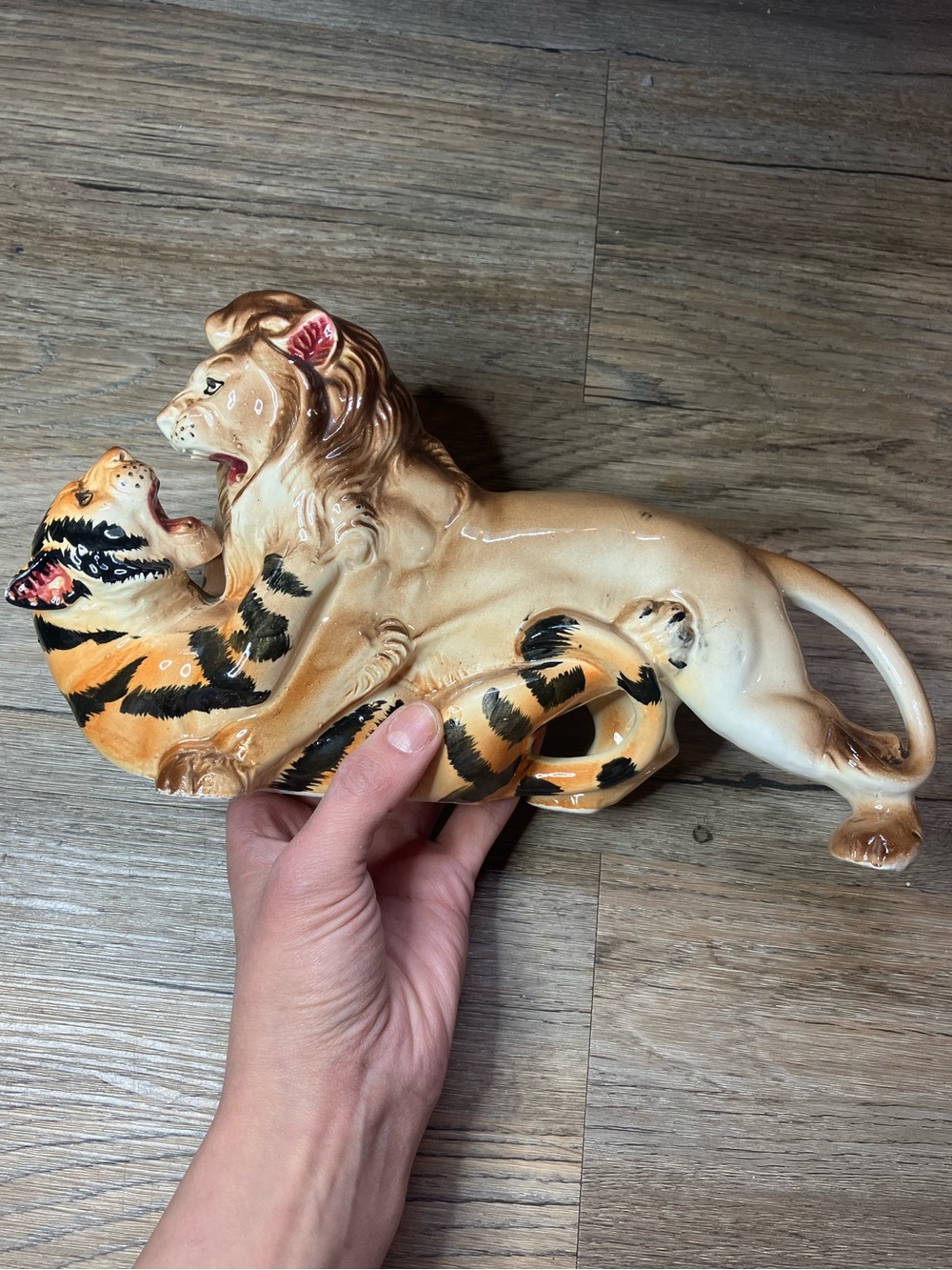 Vtg Ceramic Tiger Lion Fighting Figurine Japan Marked Wild Cat Figurine